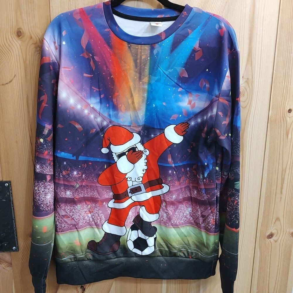 Santa‎ Playing Soccer Sweater Sz Medium Stadium Dab Long Sleeve Banded Christmas